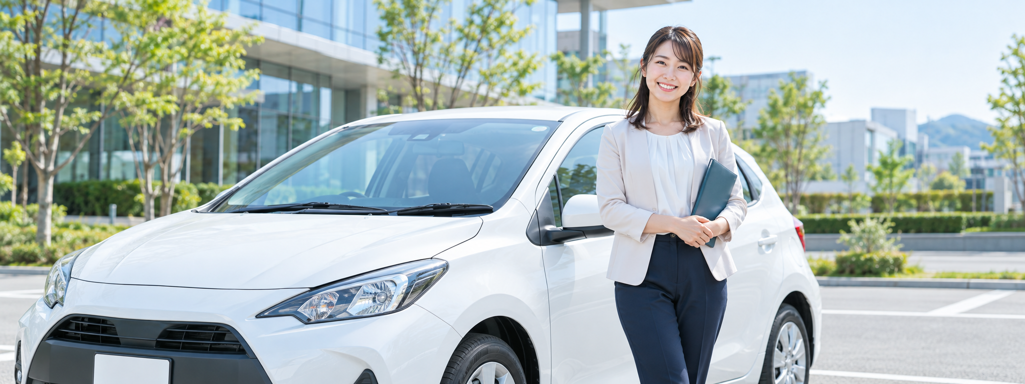 社用車の前で笑顔で立つ女性社員