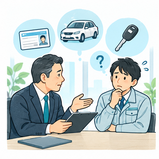 社員の運転経験を聞き取る担当者のイラスト