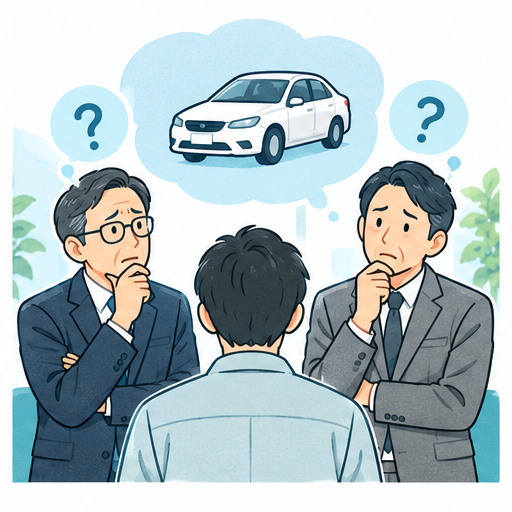 社員に社用車を運転させてよいか悩む担当者のイラスト