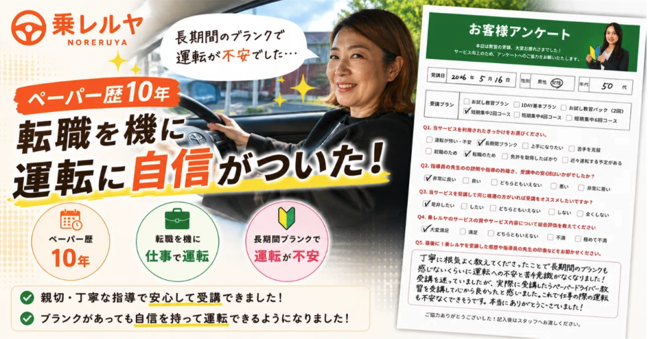 仕事での運転に備えて受講した方の写真と、ご本人が記入したお客様アンケート