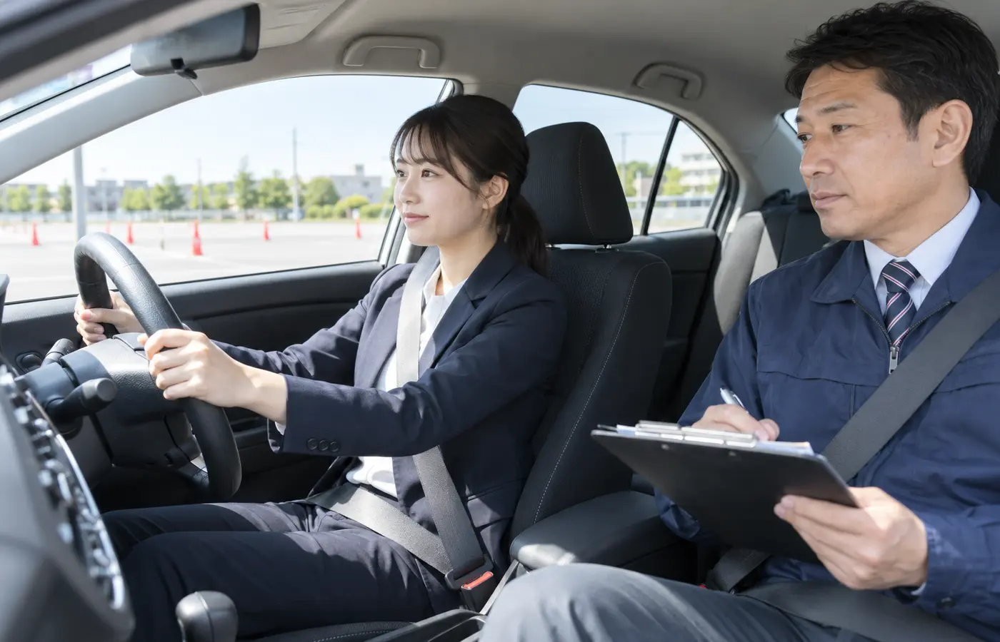 指導員が社員の運転技能を実車で評価する様子