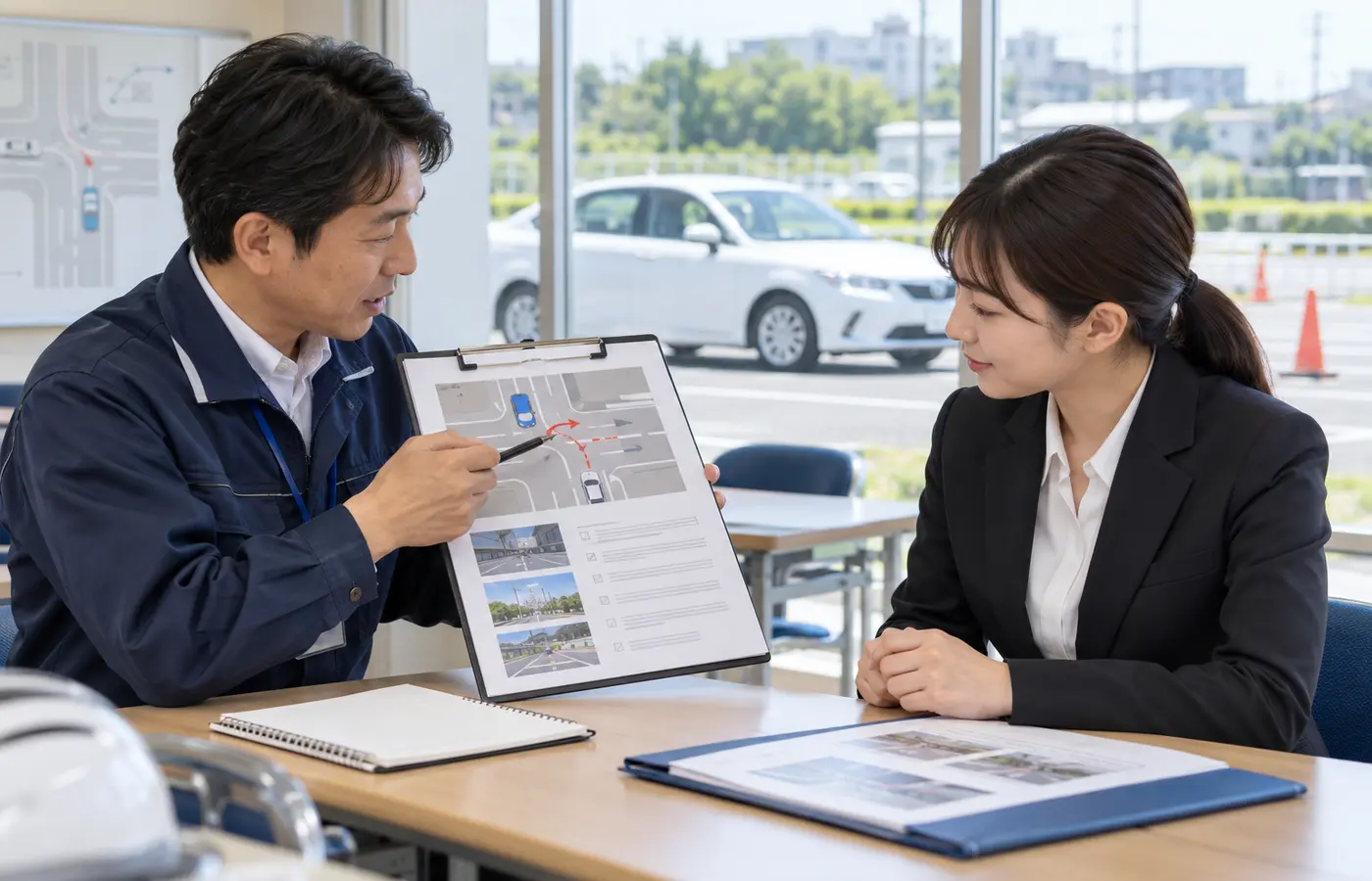 事故原因と再教育内容を確認する社員と指導員