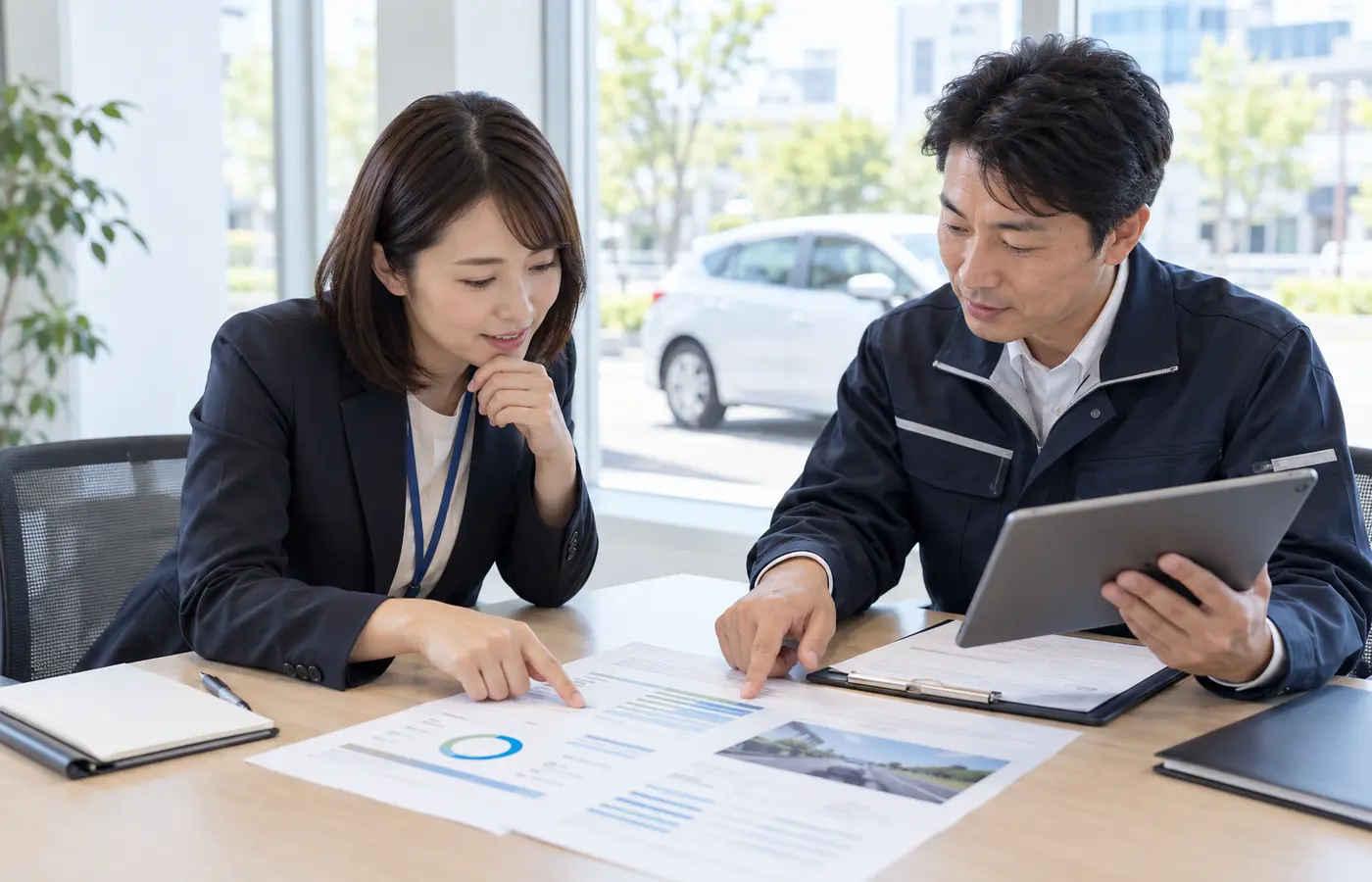 運転評価レポートを確認する企業担当者と指導員